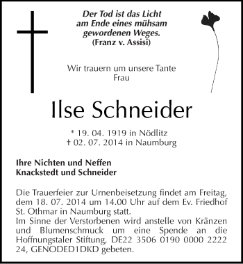 Traueranzeige von Ilse Schneider von Mitteldeutsche Zeitung Naumburg/Nebra