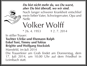 Traueranzeige von Volker Wolff von Mitteldeutsche Zeitung Mansfelder Land