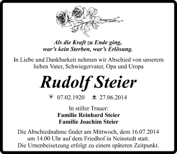 Traueranzeige von Rudolf Steier von Mitteldeutsche Zeitung Quedlinburg