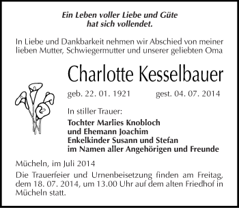 Traueranzeige von Charlotte Kesselbauer von Mitteldeutsche Zeitung Merseburg/Querfurt