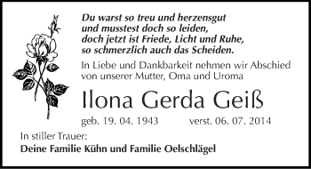 Traueranzeige von Ilona Gerda Geiß von Mitteldeutsche Zeitung Bernburg