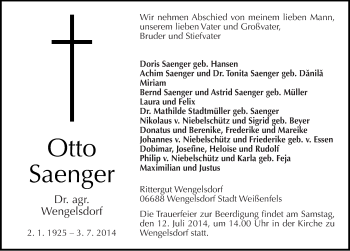 Traueranzeige von Otto Saenger von Mitteldeutsche Zeitung