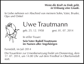 Traueranzeige von Uwe Trautmann von Mitteldeutsche Zeitung Merseburg/Querfurt