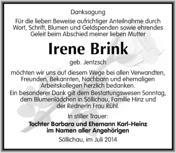 Traueranzeige von Irene Brink von Mitteldeutsche Zeitung Wittenberg