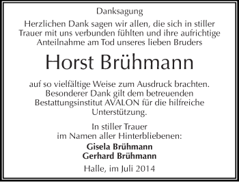 Traueranzeige von Horst Brühmann von Mitteldeutsche Zeitung Halle/Saalkreis