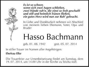Traueranzeige von Hasso Bachmann von Mitteldeutsche Zeitung Halle/Saalkreis
