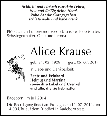 Traueranzeige von Alice Krause von Mitteldeutsche Zeitung Quedlinburg