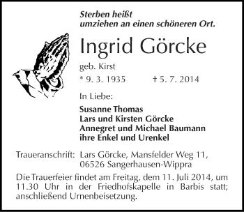 Traueranzeige von Ingrid Görcke von Mitteldeutsche Zeitung Quedlinburg