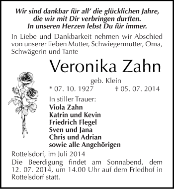 Traueranzeige von Veronika Zahn von Mitteldeutsche Zeitung Mansfelder Land