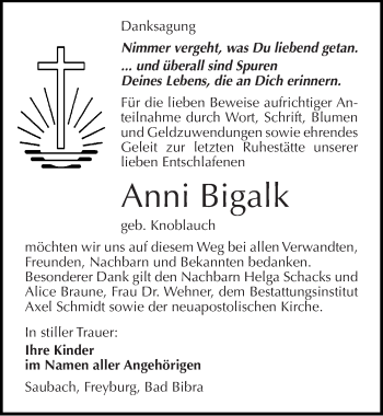 Traueranzeige von Anni Bigalk von Mitteldeutsche Zeitung Naumburg/Nebra