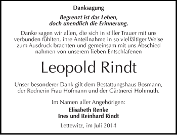 Traueranzeige von Leopold Rindt von Mitteldeutsche Zeitung Halle/Saalkreis