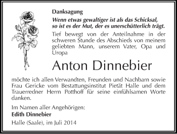 Traueranzeige von Anton Dinnebier von Mitteldeutsche Zeitung Halle/Saalkreis