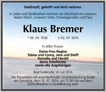 Traueranzeige von Klaus Bremer von Mitteldeutsche Zeitung