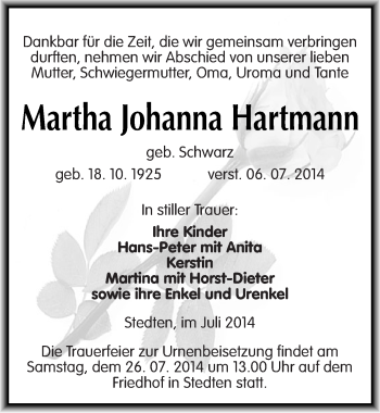 Traueranzeige von Martha Johanna Hartmann von Mitteldeutsche Zeitung Mansfelder Land