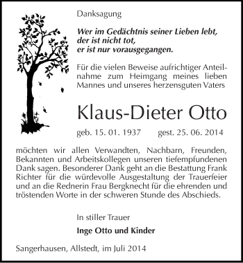 Traueranzeige von Klaus-Dieter Otto von Mitteldeutsche Zeitung Sangerhausen