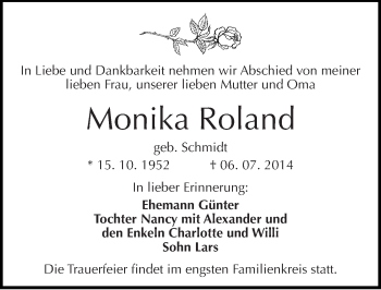 Traueranzeige von Monika Roland von Mitteldeutsche Zeitung Halle/Saalkreis