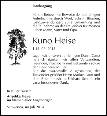 Traueranzeige von Kuno Heise von Mitteldeutsche Zeitung Sangerhausen