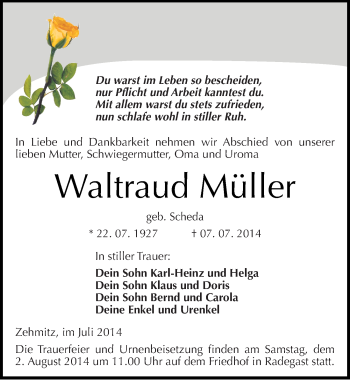 Traueranzeige von Waltraud Müller von Mitteldeutsche Zeitung Köthen