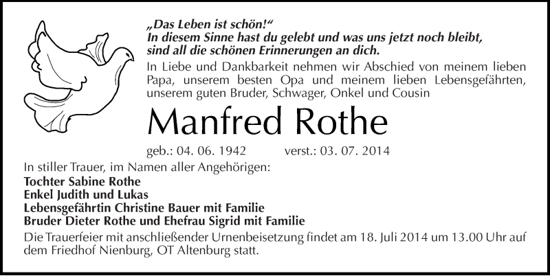  Traueranzeige für Manfred Rothe vom 12.07.2014 aus Mitteldeutsche Zeitung Halle/Saalkreis