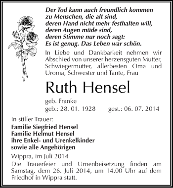 Traueranzeige von Ruth Hensel von Mitteldeutsche Zeitung Mansfelder Land
