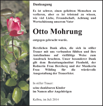 Traueranzeige von Otto Mohrung von Mitteldeutsche Zeitung Sangerhausen