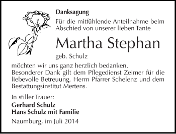 Traueranzeige von Martha Stephan von Mitteldeutsche Zeitung Naumburg/Nebra