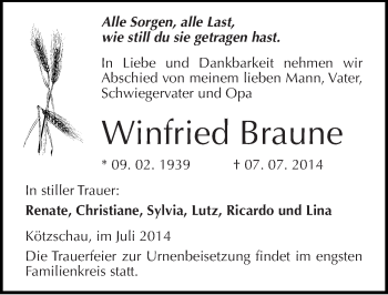 Traueranzeige von Winfried Braune von Mitteldeutsche Zeitung Merseburg/Querfurt