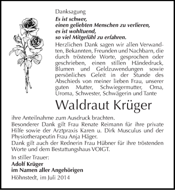 Traueranzeige von Waldraut Krüger von Mitteldeutsche Zeitung Halle/Saalkreis