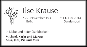 Traueranzeige von Ilse Krause von Mitteldeutsche Zeitung Bitterfeld
