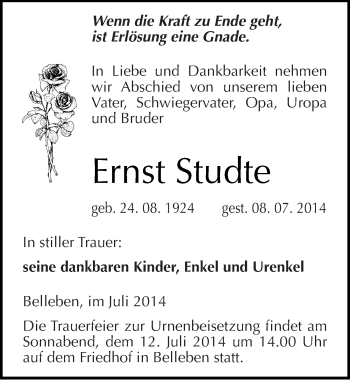 Traueranzeige von Ernst Studte von Mitteldeutsche Zeitung Bernburg