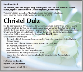 Traueranzeige von Christel Dulz von Mitteldeutsche Zeitung Sangerhausen