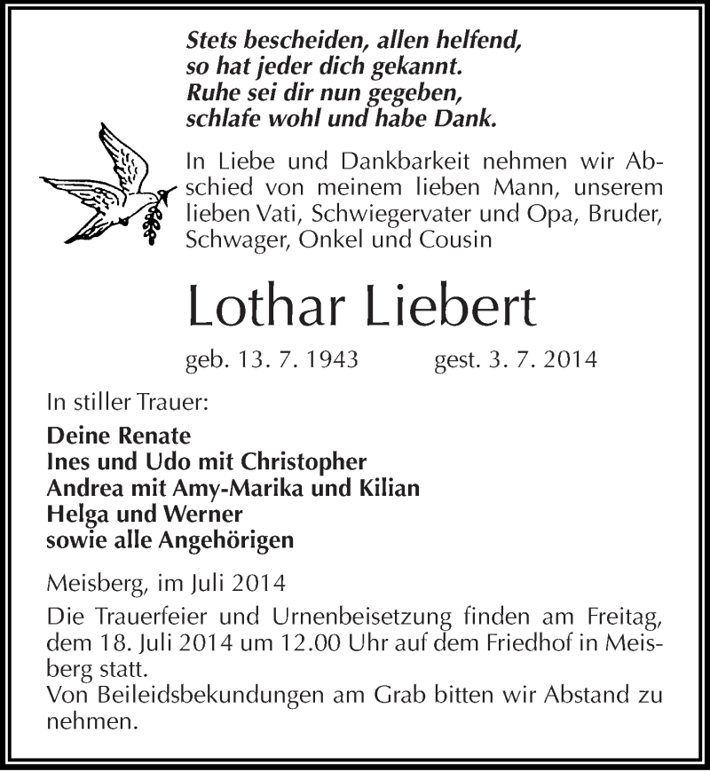 Traueranzeigen von Lothar Liebert www.abschiednehmen.de