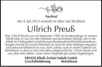 Traueranzeige von Ullrich Preuß von Mitteldeutsche Zeitung Dessau-Roßlau