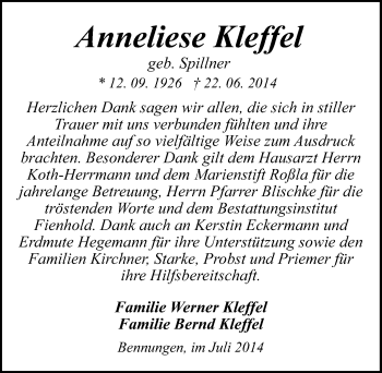 Traueranzeige von Anneliese Kleffel von Mitteldeutsche Zeitung Sangerhausen