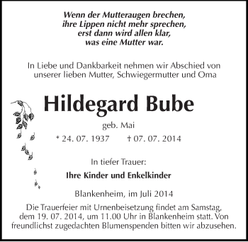 Traueranzeige von Hildegard Bube von Mitteldeutsche Zeitung Sangerhausen
