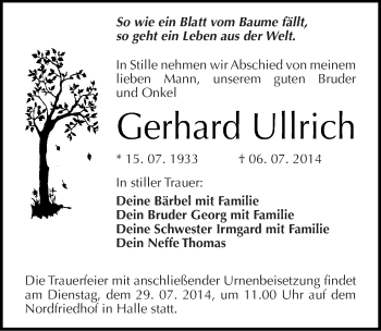 Traueranzeige von Gerhard Ullrich von Mitteldeutsche Zeitung Halle/Saalkreis