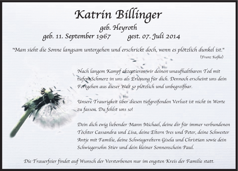  Traueranzeige für Katrin Billinger vom 11.07.2014 aus Mitteldeutsche Zeitung Sangerhausen