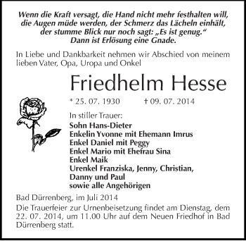 Traueranzeige von Friedhelm Hesse von Mitteldeutsche Zeitung Merseburg/Querfurt