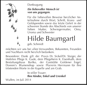 Traueranzeige von Hilde Baumgartl von Mitteldeutsche Zeitung Köthen