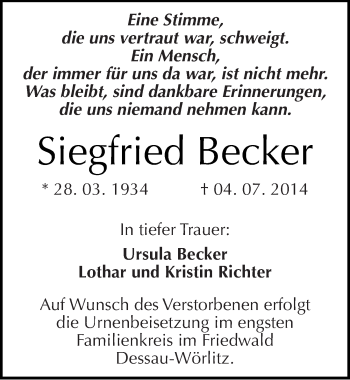 Traueranzeige von Siegfried Becker von Mitteldeutsche Zeitung Dessau-Roßlau