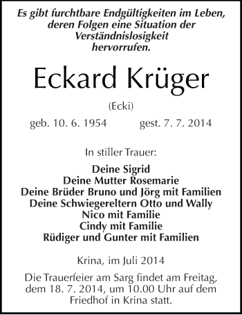 Traueranzeige von Eckard Krüger von Mitteldeutsche Zeitung Bitterfeld