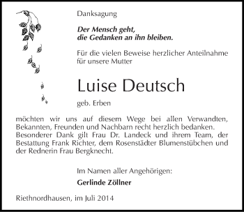 Traueranzeige von Luise Deutsch von Mitteldeutsche Zeitung Sangerhausen