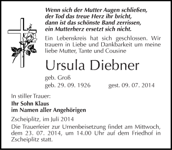 Traueranzeige von Ursula Diebner von Mitteldeutsche Zeitung Naumburg/Nebra