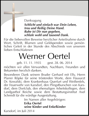 Traueranzeige von Werner Oertel von Mitteldeutsche Zeitung Naumburg/Nebra