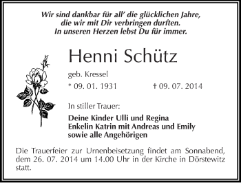 Traueranzeige von Henni Schütz von Mitteldeutsche Zeitung Merseburg/Querfurt