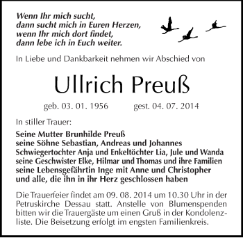 Traueranzeige von Ullrich Preuß von Mitteldeutsche Zeitung Dessau-Roßlau