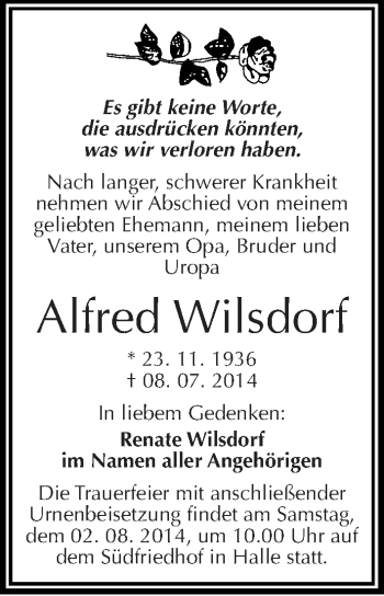 Traueranzeige von Alfred Wilsdorf von Mitteldeutsche Zeitung Halle/Saalkreis
