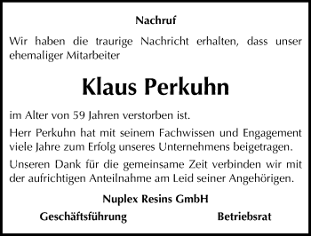 Traueranzeige von Klaus Perkuhn von Mitteldeutsche Zeitung