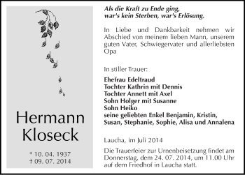Traueranzeige von Hermann Kloseck von Mitteldeutsche Zeitung Naumburg/Nebra