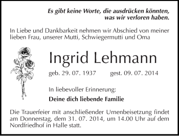 Traueranzeige von Ingrid Lehmann von Mitteldeutsche Zeitung Halle/Saalkreis